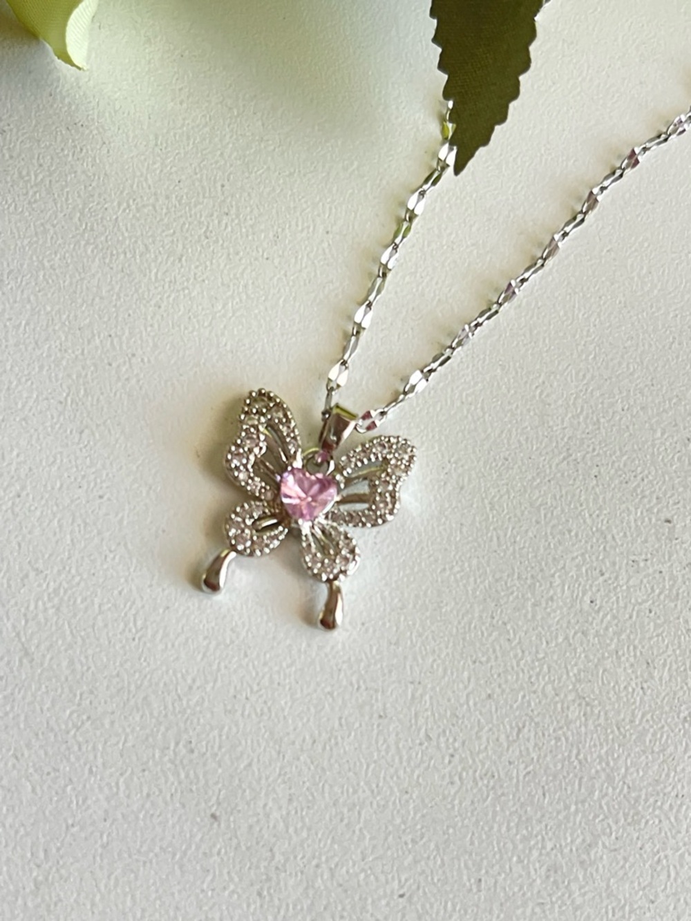 Silver Butterfly Pendant Necklace with Pink Crystal